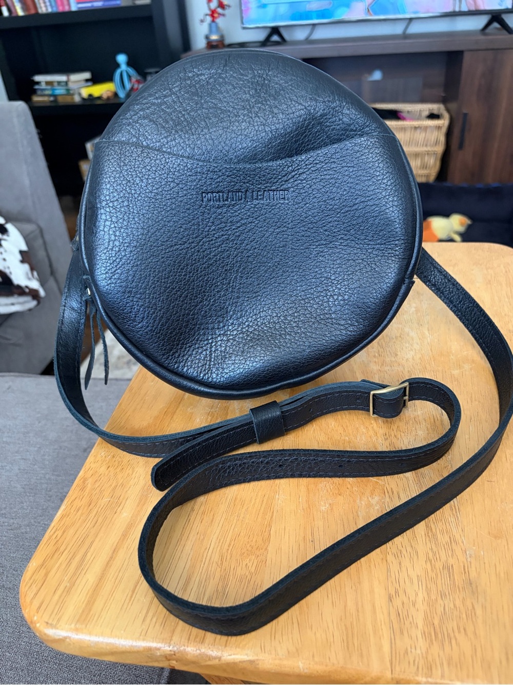 Portland Leather Black Round Crossbody Satchel